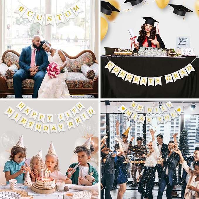 Pre-Printed Banner Kit – 97 White CANVAS Flags with GOLD Letters, Numbers & Symbols, Reusable DIY Custom Banner, Make Your Own Personalized Party Banner, Faux Burlap, Includes Twine & 2 Needles