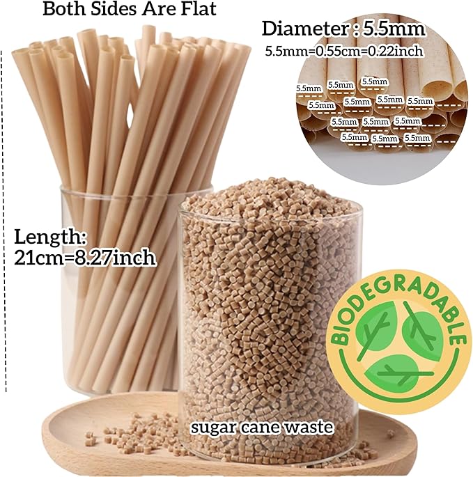 100PCS Disposable Bagasse Straws,8.27'' Straight Flat Straw,0.22'' Diameter,Eco-friendly Sugarcane Drinking Biodegradable Straw for Party,Juice,Cocktail,Kitchen,Club,Drinks, Milk, Soda