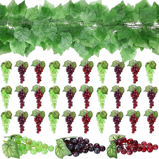 30 Pack Artificial Fake Grapes with 12 Strands Faux Grape Vines Hanging Plant Leaves Realistic Fruits Decoration for Home Party Garland Wedding Outside Decor