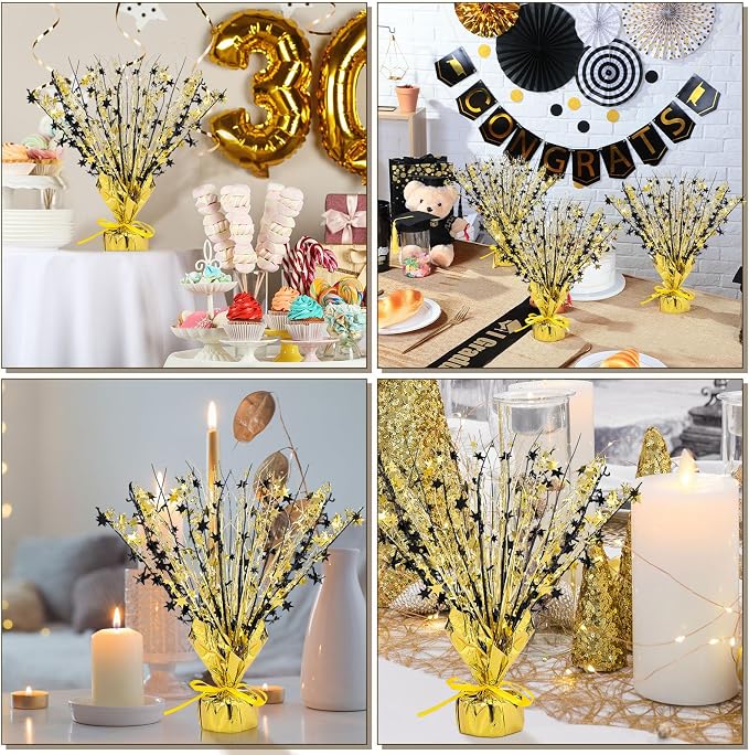 Crowye 18 Pcs Foil Spray Centerpiece Table Decoration Party Star Burst Metallic Graduation Table Centerpieces for Spring Party Birthday Season Wedding Holiday(Black Gold)