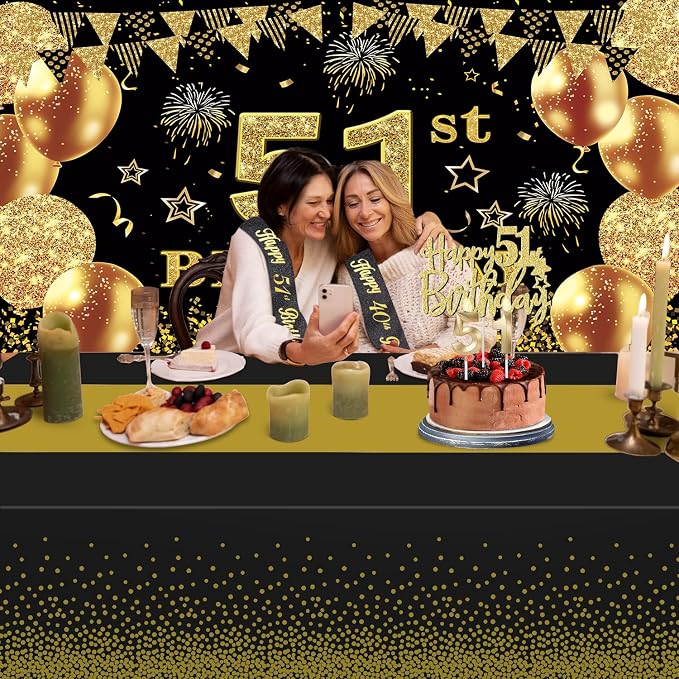 51st Birthday Decorations Men Women with 51st Birthday Banner, Black and Gold Table Cloth, Number Balloons, Large Sash, Cake Topper and Candles