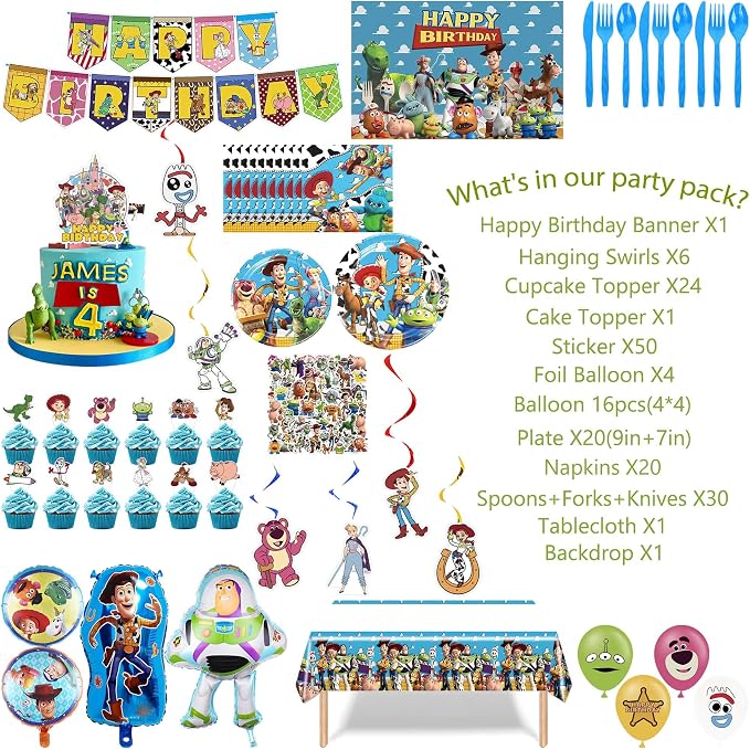 Cartoon Birthday Decorations, Cartoon Party Supplies - Happy Birthday Banner Balloons Plates Backdrop Cake Toppers Tablecloth Hanging Swirls Stickers