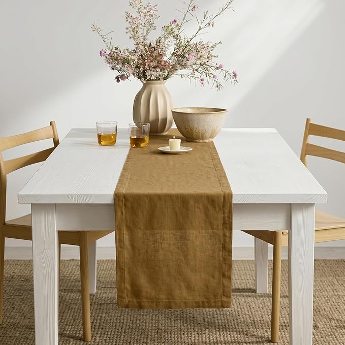 Solino Home Linen Table Runner 108 Inches Long - 100% Pure Linen Toffee Brown Table Runner 14 x 108 Inch for Mothers Day - Diana Medium Weight