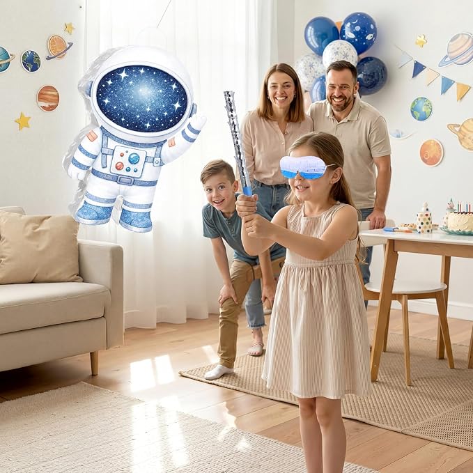 VioraWhite Astronaut Piñata for Kids Party Decorations Blue Spaceman Piñata Games with Stick and Blindfold Outer Space Decor for Boys & Girls Summer Galaxy Birthday Baby Shower Party Supplies