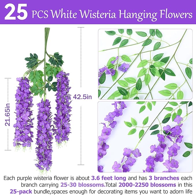 25 Pack Purple Artificial Wisteria Hanging Flowers,Fake Hanging Wisteria Garland for Decoration (3.6 Ft/Pcs)