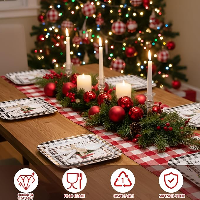 Ziliny 350 Pcs Christmas Party Supplies Christmas Tree Hanging Ball Party Tableware Set Square Paper Plates Disposable Napkins Cups Plastic Cutlery for Xmas Holiday Serves 50 Guests (Xmas Plaid Tree)