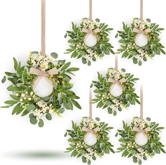 6 Pcs Green Eucalyptus Swag Wreaths for Pillars Spring Summer Kitchen Cabinet Wreaths Mini Green Berry Leaves Wreath with Ribbon for Front Door Porch Wall Window Farmhouse Decoration