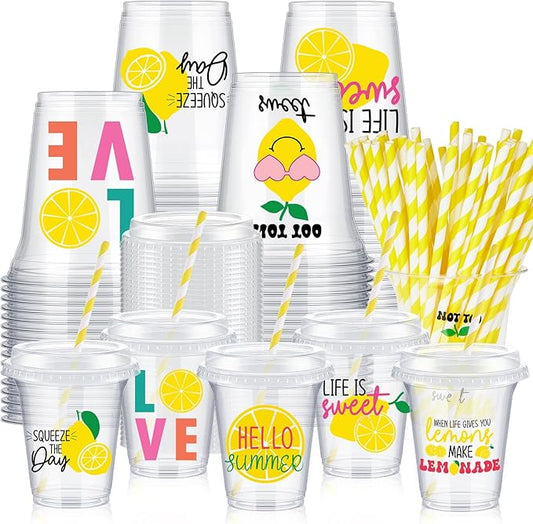 FoldTier 60 Set Lemon Plastic Cups Bulk 14 oz Disposable Clear Cups with Lids and Paper Straws for Yellow Lemon Party Birthday Supplies Summer Citrus Fruit Party Favor Decorations