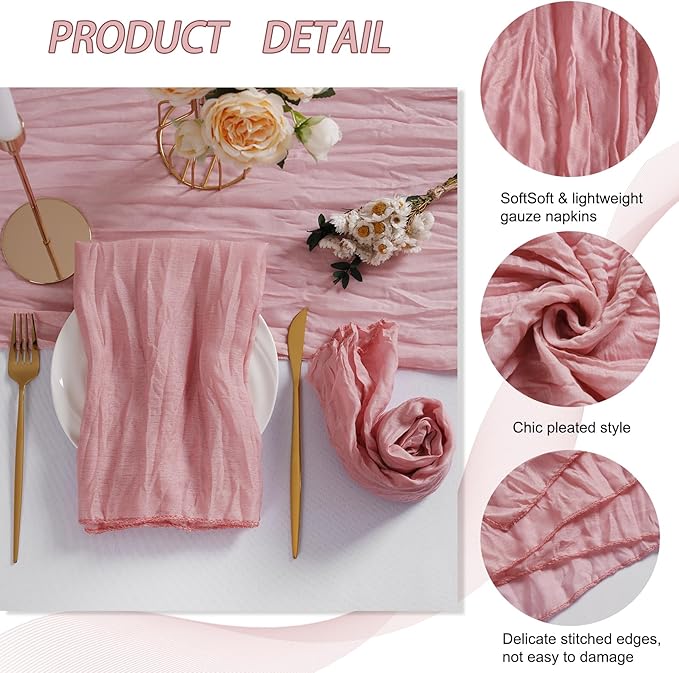 LZY 60 Pack Gauze Cheesecloth Napkins 20x20 Inch Dinner Cloth Napkins, Soft Boho Table Napkins Rustic Wrinkled Cheese Cloth Napkins Bulk for Wedding Party Baby Shower Event Decor (Dusty Pink)