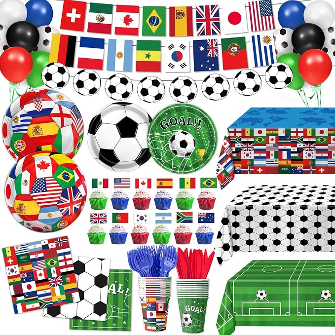 Soccer Birthday Party Decorations Includes Plates, Napkins, Cups, Banner, Hanging Swirls, Tablecloths, Balloons, Cupcake Toppers for 2026 Soccer Party Decorations, Serves 24