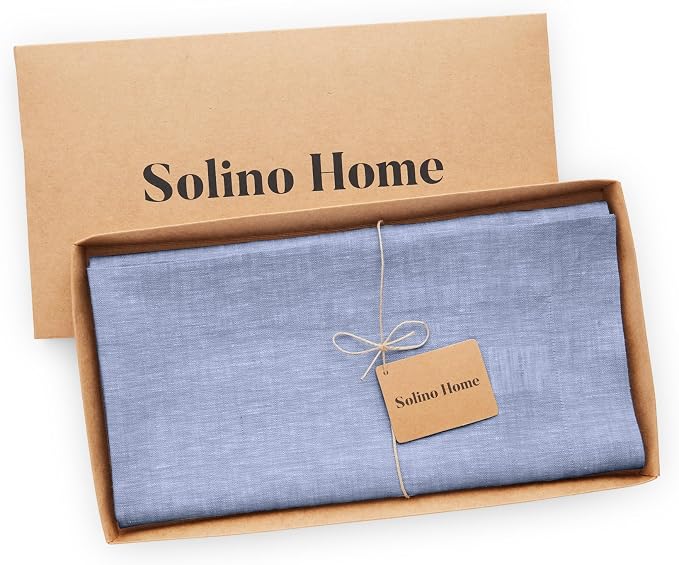 Solino Home Linen Cloth Tablecloth 52 x 52 Inch - 100% Pure Linen Chambray Blue Square Tablecloth - Athena, Machine Washable Table Throw for Summer