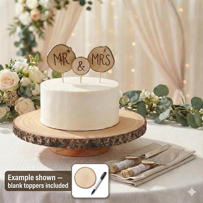 Relaxing Garden Customizable 12 Inch Rustic Wood Cake Stand Set with Bark Edge, Cake Knife & Server + Blank Wood Slice Topper — Cake Display for Weddings, Birthdays, Showers & Holiday Celebrations