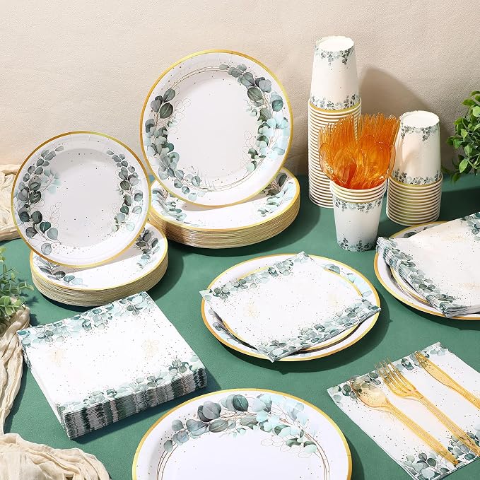 400 Pcs Sage Green Color Party Supplies Serve 50 Guests Eucalyptus Flowers Disposable Paper Plates Napkins and Cups for Bridal Baby Shower Birthday Wedding Party Decorations(Green,Classic)
