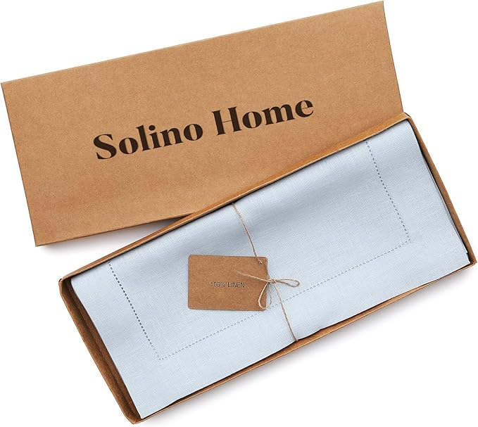 Solino Home Linen Light Blue Table Runner 60 Inches - Classic Hemstitch, 100% Pure Linen Coffee Table Runner 14 x 60 Inch Ideal for Dresser Tables, Spring, Summer, Mothers Day