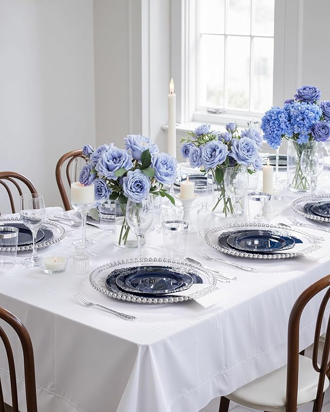 Hioasis 350pcs Blue and Silver Plates - Blue Party Plates for 50 Guest, Include 100 Heavy-duty Plates(20% Thicker Than Standard), 150 Cutlery Set, 50 Napkin, 50 Cups