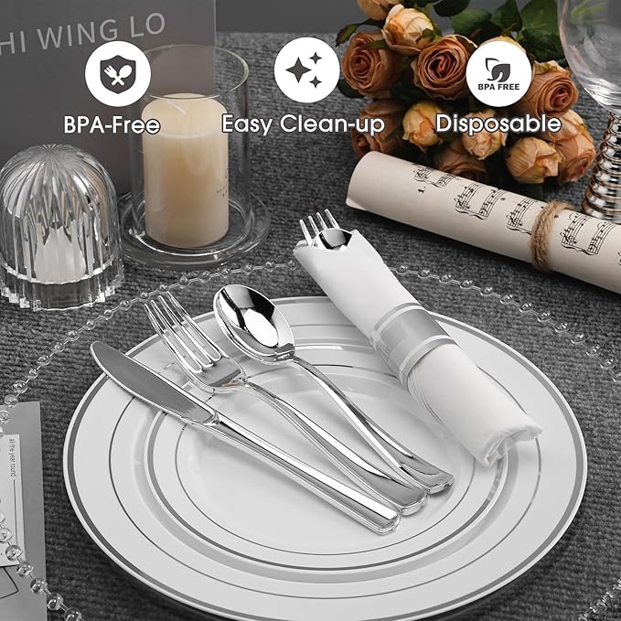350 PCS White and Silver Plastic Dinnerware Set for 50 Guests, Disposable Party Plates for 50 Guests, Include: 100 Plastic Plates, 50 Pre Rolled Napkins with Silver Silverware, 50 Cups