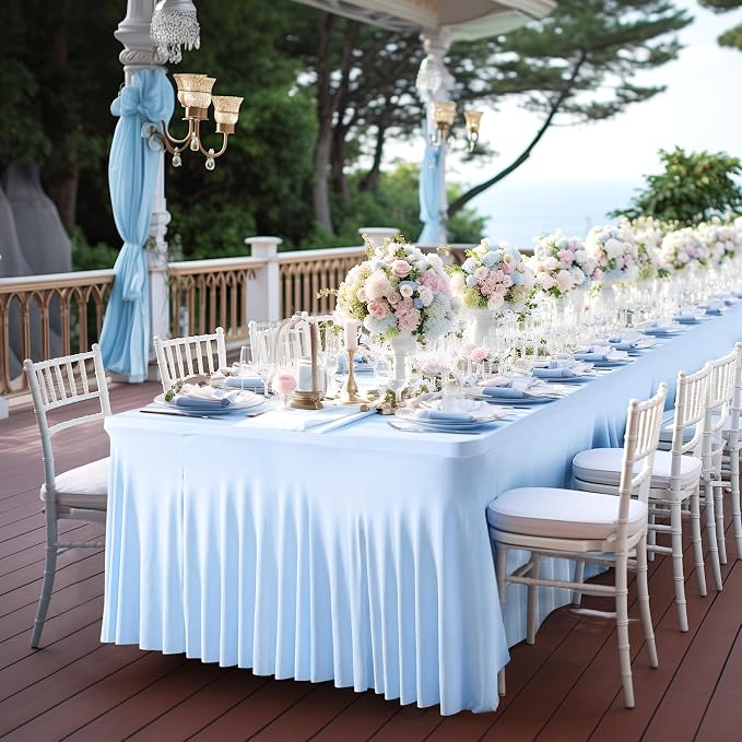 2 Packs Baby Blue Table Clothes for 6 Foot Rectangle Tables, One-Piece Wrinkle Resistant Stretch Spandex Table Covers with Skirt for Event Banquet Wedding Birthday Party