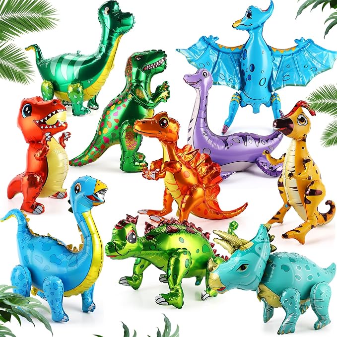 Foilswirl 10 Pcs Giant 3D Dinosaur Balloons (20‑35") Dino Aluminum Foil Self Standing Dino Balloons Dinosaur Inflatable Birthday Decorations for Jungle Theme Party(Multicolored)
