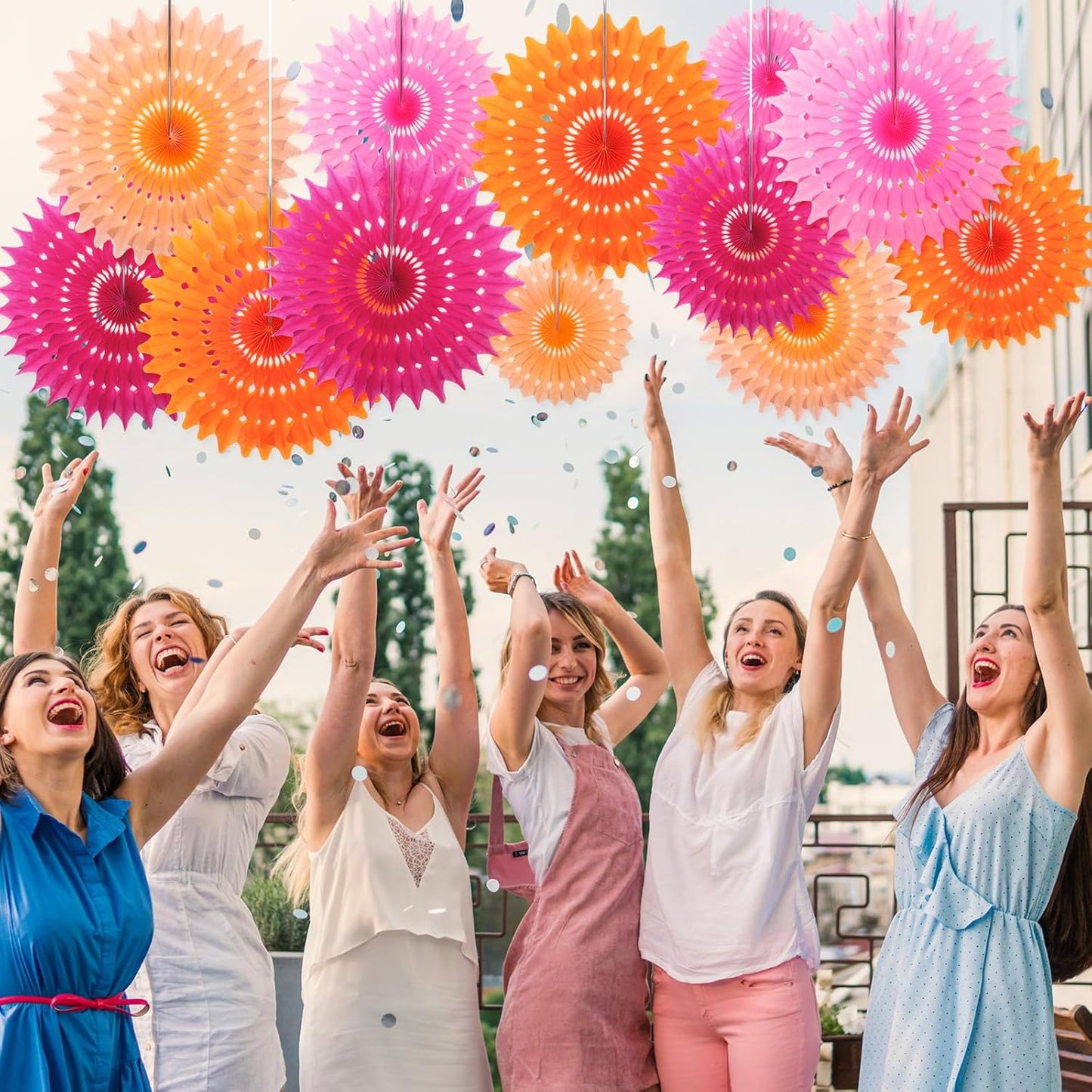 Outus 12 Pcs Hanging Honeycomb Paper Fans Sets, Fiesta Pink and Orange Party Decorations, Tissue Paper Flowers Supplies for Birthday Wall Classroom Wedding Bridal Photo Backdrop (14/10/6 Inch)