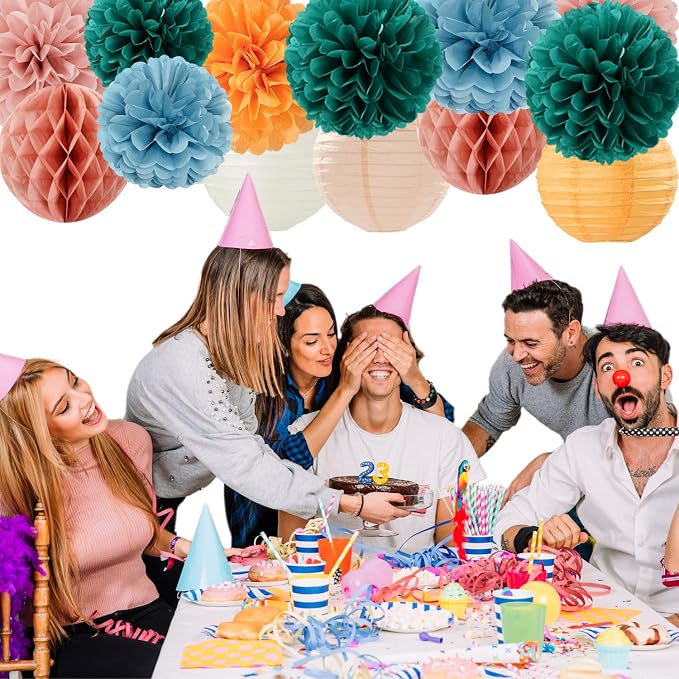 Dusty-Blue Orange Teal Party-Decorations Paper-Flowers - 15pcs Fall Rose Gold Blush Pink Birthday Baby Bridal Shower Tissue Pom Poms Lanterns Streamers,Wedding Bachelorette Hanging Supplies Hugfond