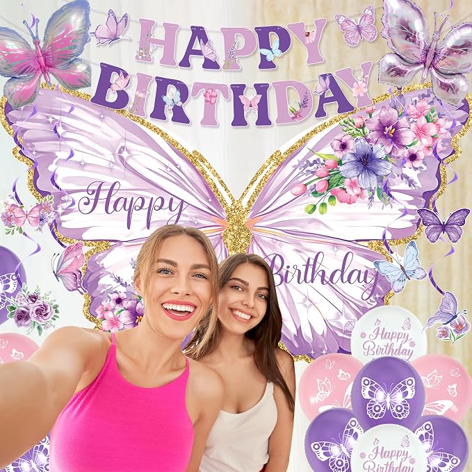Roetyce Butterfly Birthday Decorations, Purple Happy Birthday Banner Backdrop Balloons Hanging Swirls Cake Topper for Home Party, Girls Women Butterfly Themed Party Suppiles Photo Background
