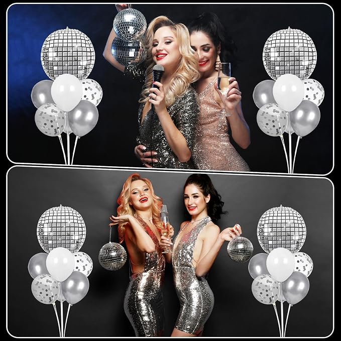 Disco Ball Party Balloons Stand Kit 2 Sets with 2 Silver 4D Discoball Foil Balloon Disco Ball Centerpiece for Tables 70s 80s 90s Dance Themed Birthday Graduation Decorations 2026 Prom Party Supplies
