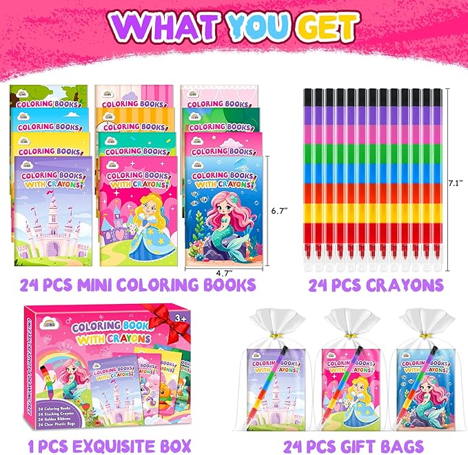 ZMLM 24 Pack Coloring Books for Kids with Crayons,Party Favors for Kids 4-8, Goodie Bags Stuffers for Toddlers, Classroom Prizes Birthday Return Gifts (Girls)