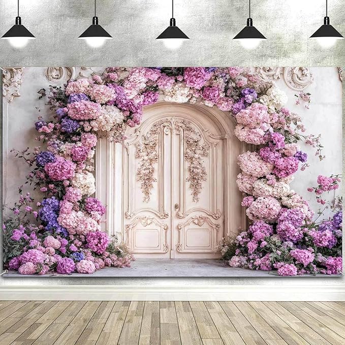 12X8ft Flower Backdrop Purple Floral Arch Retro Door Photography Backdrops Modern Interior European Style Wall Decoration Wedding Portrait Background Studio Photo Booth Props