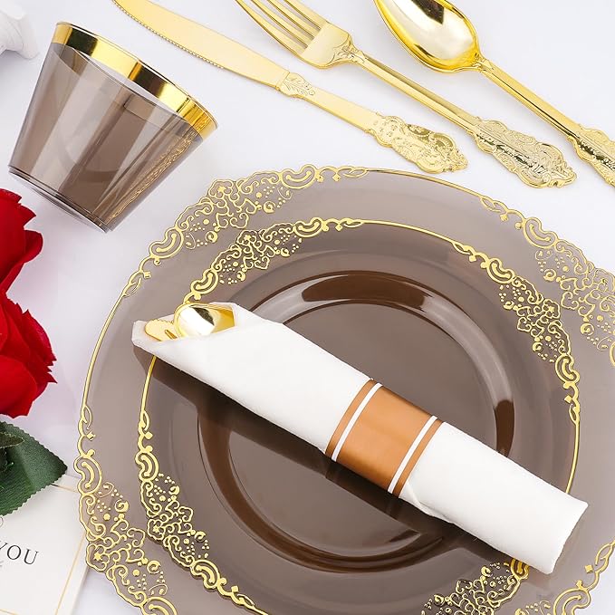 Bestluck 350 PCS Black and Gold Plastic Plates, Disposable Dinnerware Set for 50 Guests, 100 Disposable Plates, 150 Silverwares, 50 Cups, 50 Napkins for Wedding, Party, Graduation