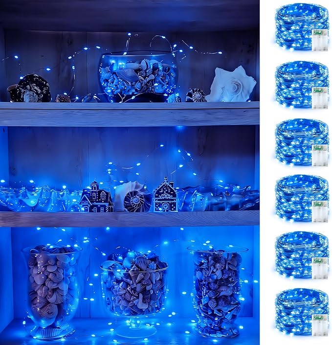 YEGUO Fairy Lights Battery Operated, 6 Packs Each 16ft 50 LED String Lights, Christmas MIni Lights Indoor for Bedroom Wedding Party Holiday Gift(Blue)