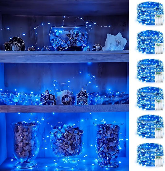 YEGUO Fairy Lights Battery Operated, 6 Packs Each 16ft 50 LED String Lights, Christmas MIni Lights Indoor for Bedroom Wedding Party Holiday Gift(Blue)