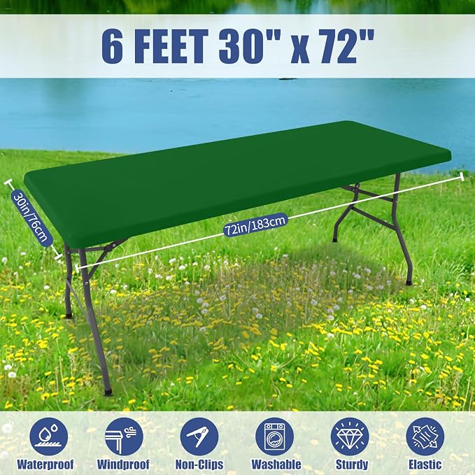 Moosfor Spandex 6 Foot Rectangle Table Cloth 6 Pack, Elastic Fitted Tablecloths for Picnic, Stretch Washable Patio Table Cover for Outdoor, Camping, Banquet and Parties (Emerald Green, 30"x72")