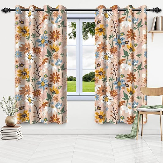 Spring Daisy Floral Window Curtains Botanical Flower Leaf Thermal Insulated Room Darkening Blackout Kitchen Curtains Green Leaves Drapes for Bedroom Living Room Decor,53x72 inch,2 Panels