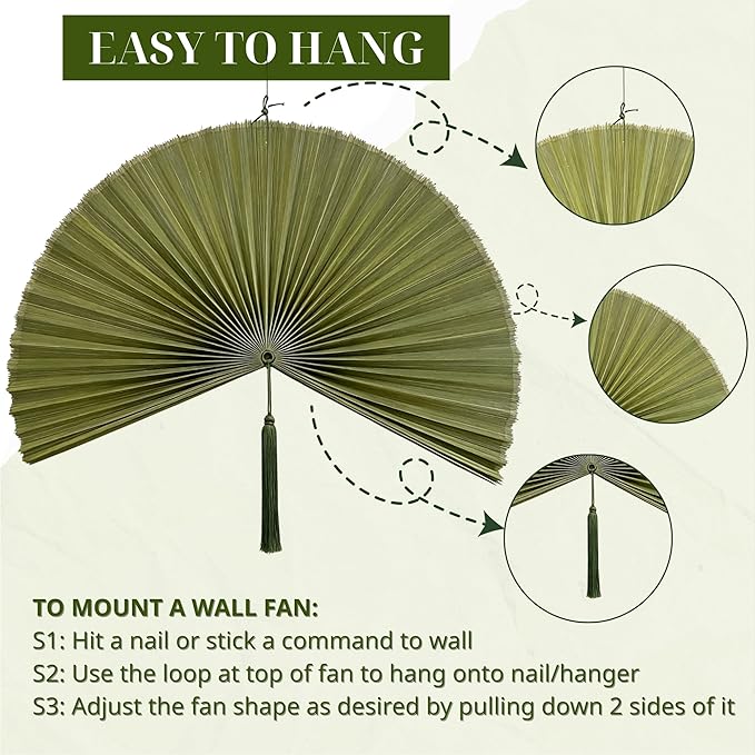 ChumDecor Fan Wall Decor, Japanese Giant Fan, Large Bamboo Fan Wall Art For Boho Hanging Headboard, Decorative Folding Fans For Over Bed, Asia Trending (Army Green 60inch)