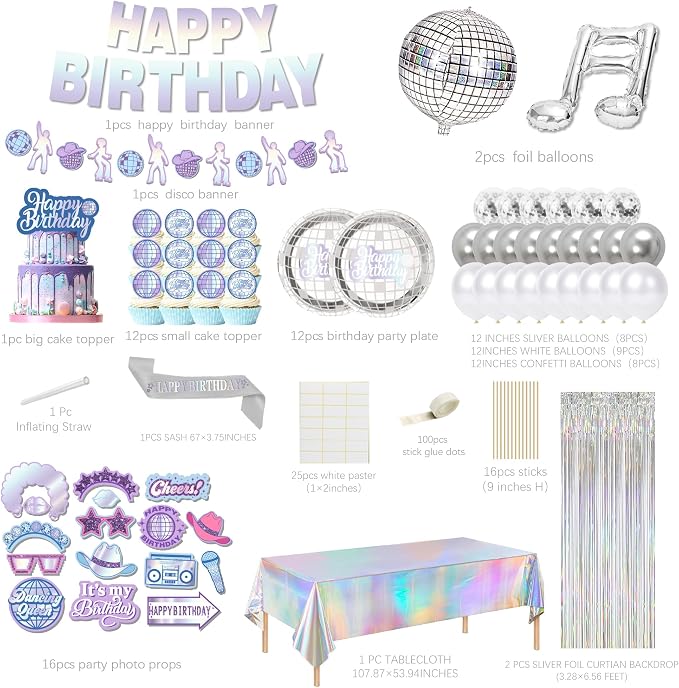 Iridescent disco Birthday Party Decorations - (Total 110pcs) happy birthday Banner, party supplies for her, balloons,disco Decor for 13th 16th 18th 21st 30th 40th 50th