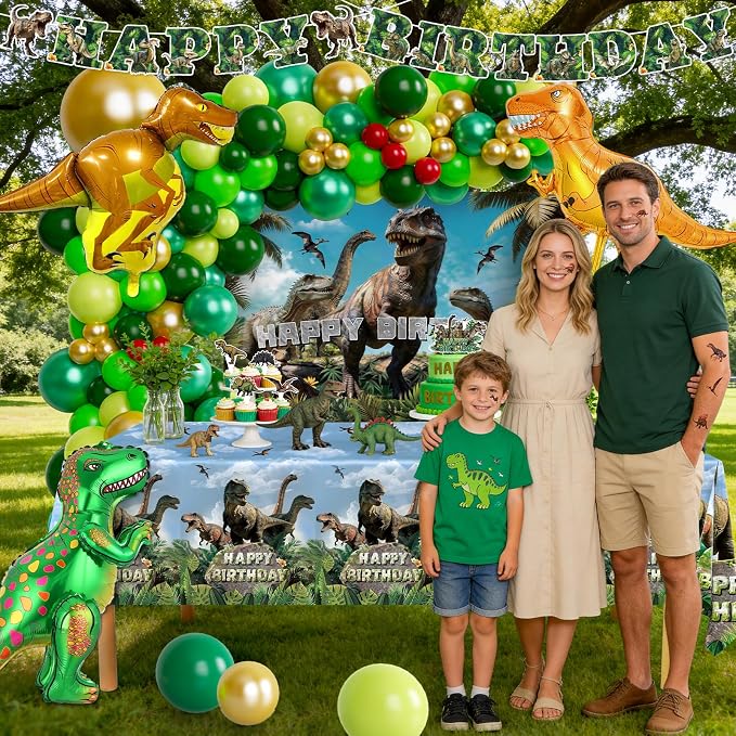 Dinosaur Birthday Party Decorations for Boys, Dino World Birthday Decorations Include Dinosaur Balloons, Banner, Backdrop, Cake Topper, Stickers for Kids, Tablecloth for Dinosaur Themed Party upplies