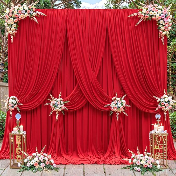40ftx12ft Wrinkle Free Red Backdrop Curtain, 8 Panels 12FT Long Wedding Backdrop Drapes, Silky Polyester Back Drop Cloth for Birthday Photography Background Party Backdrop Draping