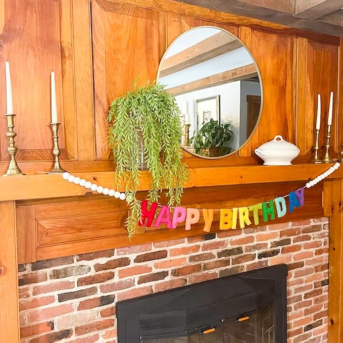 Pre-Strung Happy Birthday Banner - Felt Ball Garland - HAPPY BIRTHDAY Garland, Rainbow Party Decorations, Personalized Birthday Sign for Party Decor,Photo Prop (Birthday Banner Wearing White Balls)