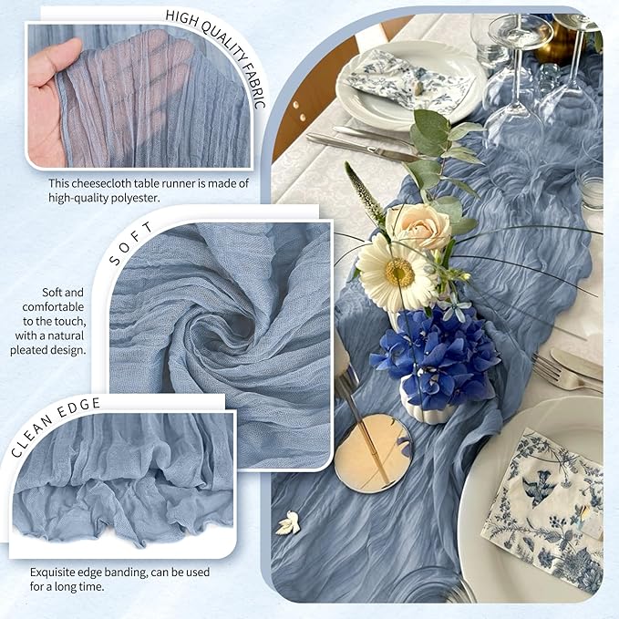 20 Pack Dusty Blue Cheesecloth Table Runner 10FT Boho Gauze Cheese Cloth Table Runners Romantic Rustic Sheer Table Decorations for Wedding Party Baby Shower Birthday Holiday Home