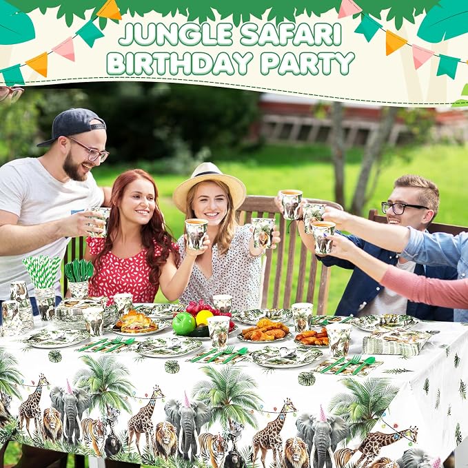 Potchen 452 Pcs Party Supplies Serve 50 Guests, Paper Plates Napkins Cups Cutlery Plastic Tablecloth Dinnerware for Birthday Wedding Party Decoration(Forest Green, Wild Animals)