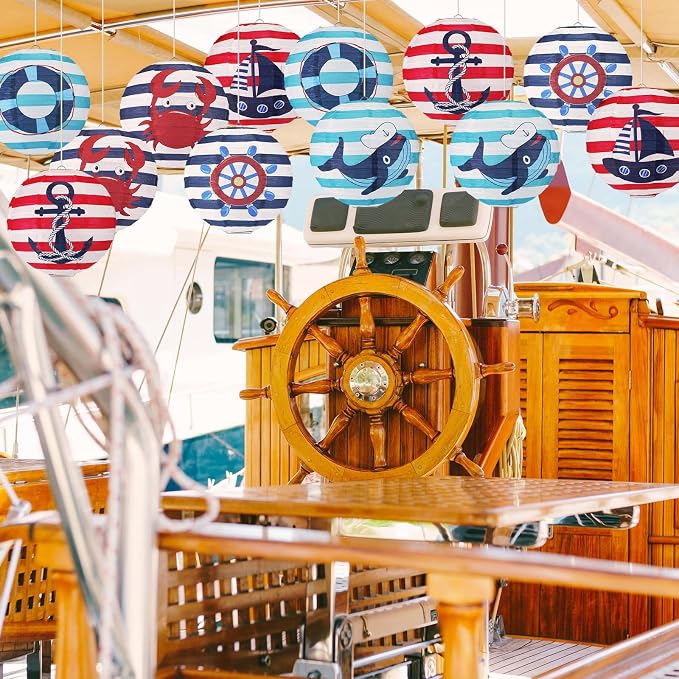 Panelee 12 Pcs Nautical Birthday Party Decorations Anchor Sailor Boat Cruise Ship Theme 8 Inches Hanging Paper Lanterns 8 Inches Round Lanterns for Holiday Navy Baby Shower Party Decor Supplies
