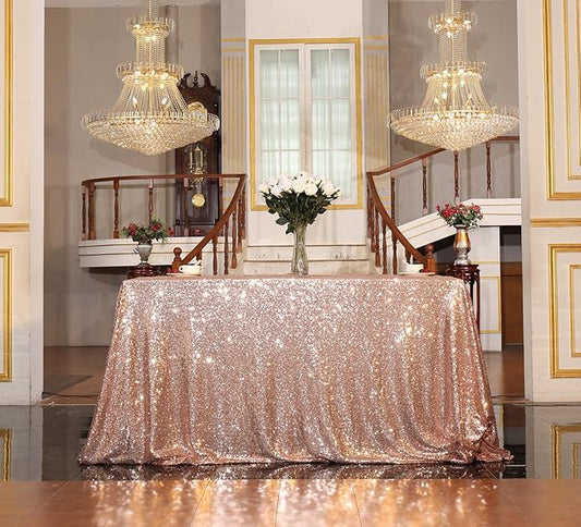 Juya Delight 50" x 80" Rose Gold Sequin Tablecloth Rectangle for Wedding Birthday Party Festival Ceremony Cake Dessert Table