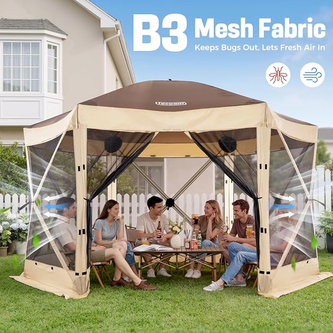 Tecoom 12x12ft 6-Sided Pop Up Gazebo Tent, Canopy Shelter Tent with Mesh Windows for Camping, Portable Large Shade Tents Removable Siedwalls for Outdoor, Garden, Lawn, and Backyard
