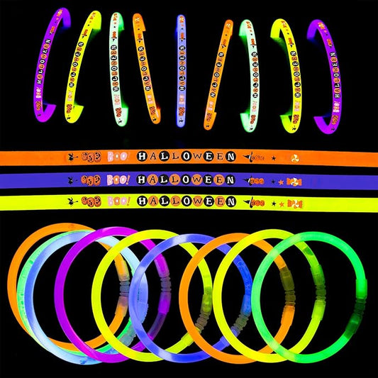 Halloween Glow Stick Bracelets - Glow in the Dark Bracelets - Light Up Sticks for Halloween Parties, Trick or Treating, Glow Party Favors for Kids & Adults (Design 3, 100)