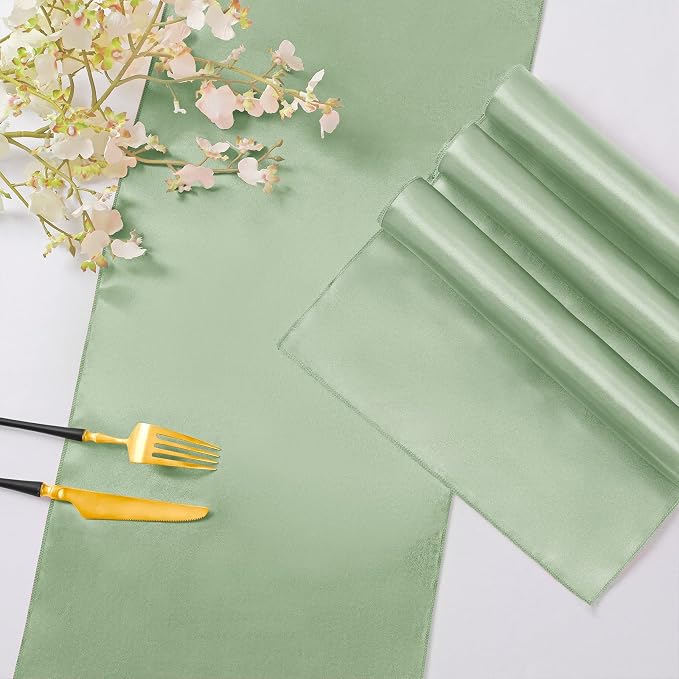 Horbaunal 2 Pack Sage Green Satin Table Runner 12 x 108 Inch, Smooth Table Runners for Wedding Banquets Birthday Party