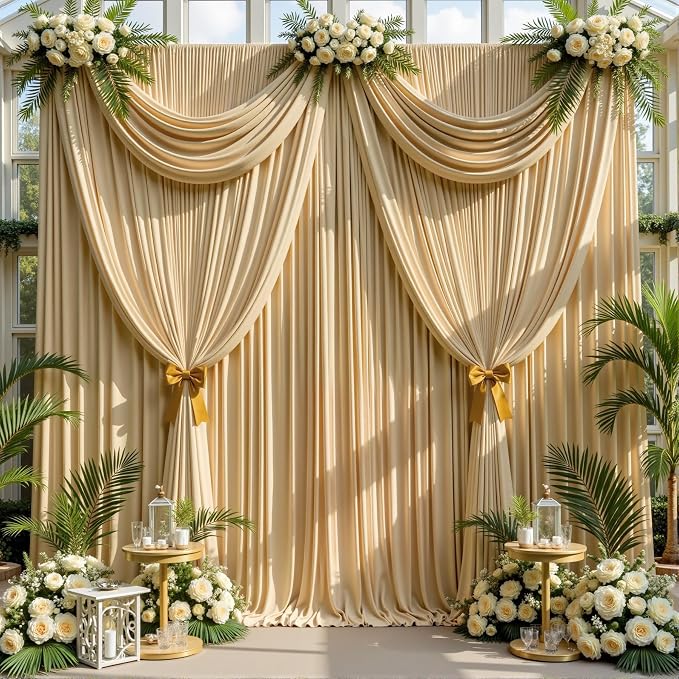 20x14ft Beige Backdrop Curtains for Wedding Party, 4 Panels 14 ft Long Back Drop Cloth, Wrinkle-Free Polyester Drapes for Birthday, Baby Shower, Stage Photography Background