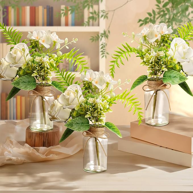 6-Pc Mason Jar Centerpieces for Tables with Artificial Roses – Farmhouse Wedding & Bridal Shower Table Decoration for Party Event Kitchen Bathroom Living Room（8.45oz