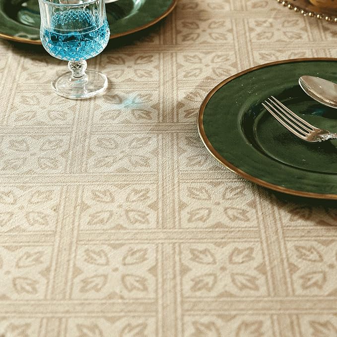patdrea Designer French Linen Tablecloth,Rectangular,87"x55"-Fram | Elegant Durable Table Cloth for Rectangle Table,Vintage Block Print,for Dining Room Tea Party Thanksgiving,Beige
