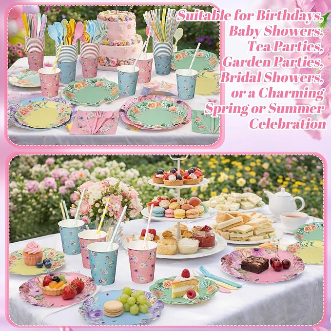 450 Pcs Floral Tea Party Tableware Set Decorations Scalloped Flower Paper Plates Napkins Cups Cutlery Straws for Pastel Garden Baby Bridal Shower Wedding Birthday Party Supplies, Serves 50