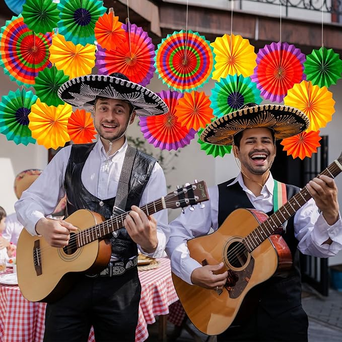 Sabary 36 Pcs Mexican Paper Fans Day of The Dead Party Decorations Cinco De Mayo Pom Poms Colorful Hanging Paper Fans for Fiesta Carnival Party Supplies Photo Prop